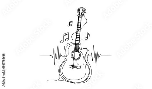 Continuous line acoustic guitar sketch music instrument vector illustration isolated on white background