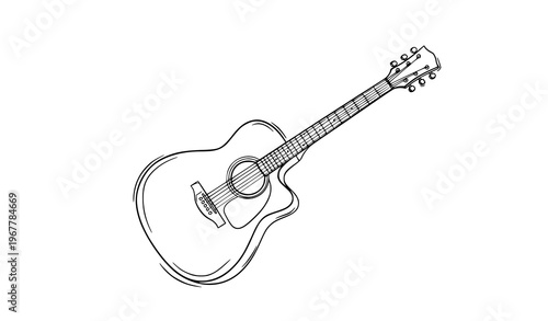 Acoustic guitar hand drawn sketch style line art vector illustration isolated on white background