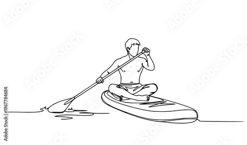 Sketch young man on SUP paddle board rowing lake water sports vector illustration isolated on white background