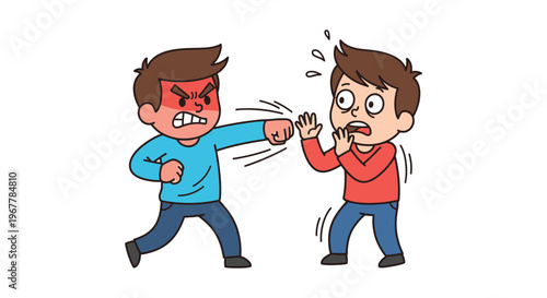 A cartoon illustration depicts a boy punching another showcasing aggression and fear in a bold silhouette high quality professional detailed modern