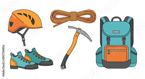 Colorful illustration depicting climbing gear including a helmet rope ice axe boots and backpack silhouette high quality professional detailed modern elegant