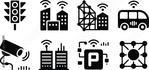 Smart city and technology integration icons set featuring traffic light, wireless buildings, network infrastructure, autonomous bus, surveillance camera, and parking.