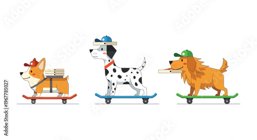 Three playful dogs ride skateboards while carrying pizza showcasing a charming and whimsical illustration silhouette high quality professional detailed modern elegant