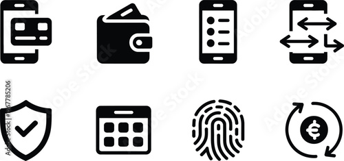 Online banking and digital finance icons set including mobile payment, wallet, smartphone app, transaction, security shield, calendar, fingerprint and currency.