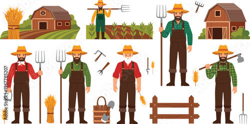 Farmers and agriculture tools vector set with rural workers barn wheat and farming equipment illustration isolated on white background