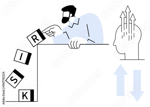 Risk management. Risk factors illustrated with blocks falling and a person analyzing. Risk solutions tied to strategic thinking and mental growth. For business, strategy, finance, and planning