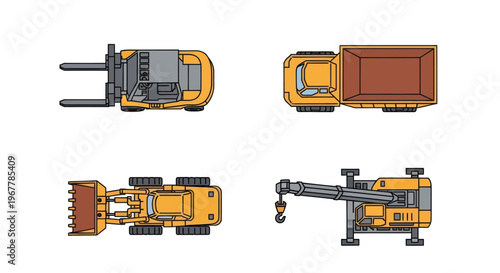 Construction Vehicles Top View Icon Set: Forklift, Dump Truck, Loader, Crane