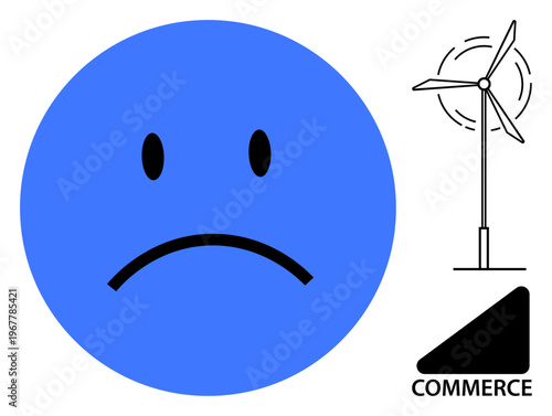 Renewable energy, environmental issues, business concepts, sustainability, emotions, economic strategies. Sad blue face next to a wind turbine and commerce text. Focus on environmental issues