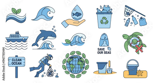 Ocean Conservation Icons: Pollution, Marine Life, Clean Up, Recycling