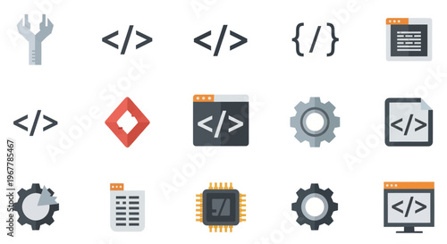 Coding Icons: Wrench, Brackets, Code, Chip, Gear, Document, Window
