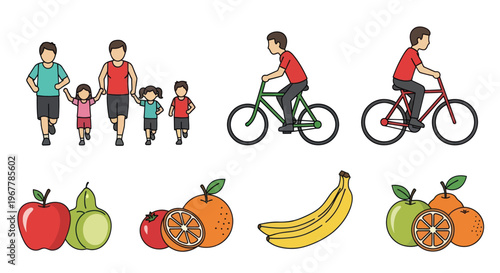 Healthy Lifestyle Icons: Family Running, Cycling, Fruits, and Vegetables