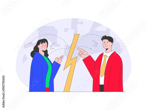 A conflict or heated argument between two people, generally representing competition at work or a business dispute. Trade war illustrations. Flat vector concepts.