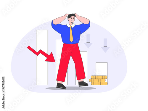 The businessman has his hands on his head, signifying stress, anxiety, or panic regarding the situation. Trade war illustrations. Flat vector concepts.