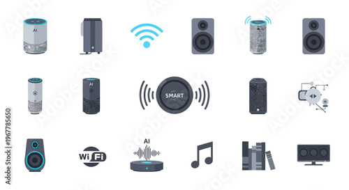 Smart Home Devices Icons: Speakers, AI Assistant, Wi-Fi, Music, Books