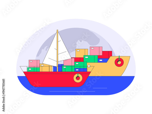 A red sailboat and a yellow cargo ship loaded with colorful shipping containers, conceptualizing international logistics and cargo transportation. Trade war illustrations. Flat vector concepts.