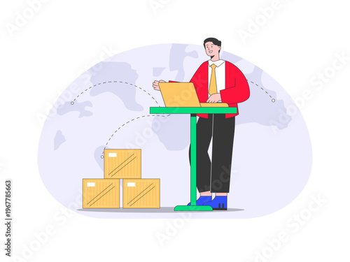 A person standing at a desk with a laptop may be managing a shipment. This illustration highlights global logistics. Trade war illustrations. Flat vector concepts.