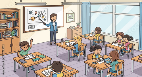 Male Teacher Explaining Solar System Model on Whiteboard to Diverse Students in a Spacious Classroom, Engaging in Astronomy Lesson.