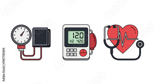 Medical Equipment Icons: Blood Pressure Monitor, Digital Device, Heart with Stethoscope
