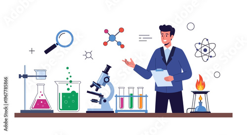 Male Scientist Presenting Scientific Concepts with Laboratory Equipment like Beakers, Microscope, and Molecules, Isolated White Background.
