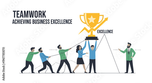 Teamwork Achieving Business Excellence: People Pulling Rope to Win Trophy