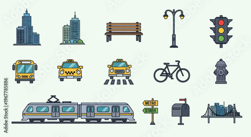 Pixel Art City Elements: Buildings, Transport, Street Furniture, Traffic Signs