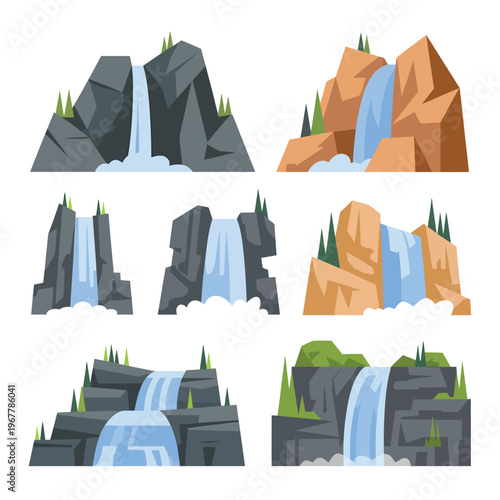 Stylized illustrations of mountain landscapes featuring cascading waterfalls