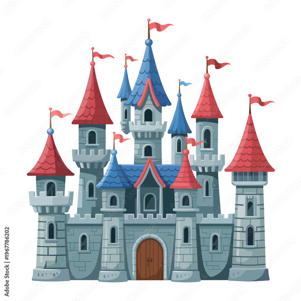 Fototapeta premium A whimsical cartoon illustration of a colorful fairytale castle with flags