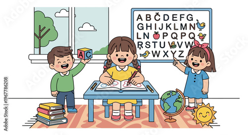 Happy elementary school children learning and writing at a desk, with an alphabet blackboard, books, and a globe in a bright classroom.