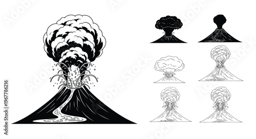 Volcanic eruption illustrations a variety of explosion shapes and styles
