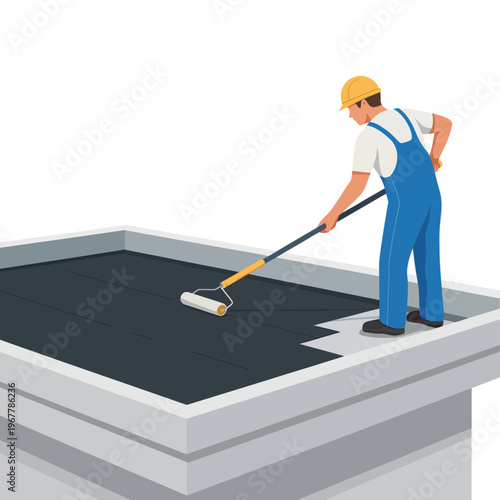 Worker applying a coating to a flat roof with a paint roller