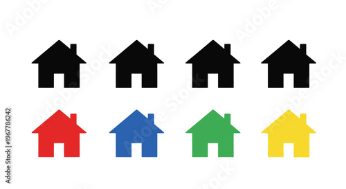 Colorful house silhouettes arranged in two rows showcasing different hues