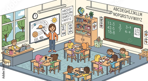 Cheerful diverse elementary school children learning and interacting with a female teacher in a bright and colorful classroom setting.