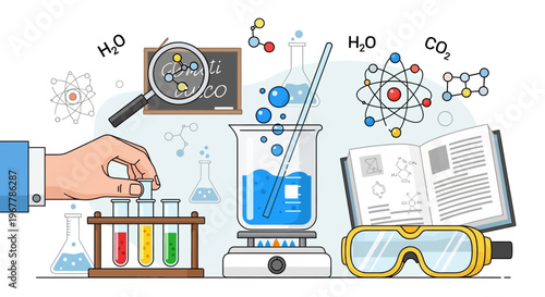 Chemistry laboratory equipment including test tubes, beaker, flask, and safety goggles, surrounded by chemical formulas and a magnifying glass on an isolated white background.