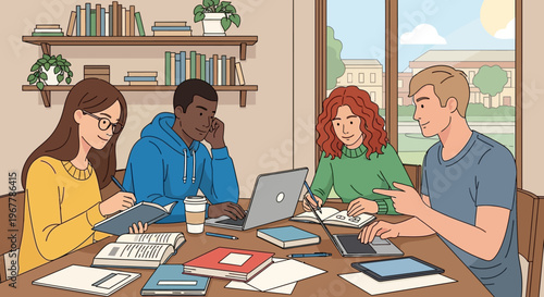 Diverse group of young adults enthusiastically studying and collaborating around a table in a warm and inviting study room with bookshelves and a window view