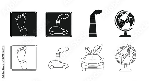 Environmental impact icons depicting carbon footprint pollution and global ecology