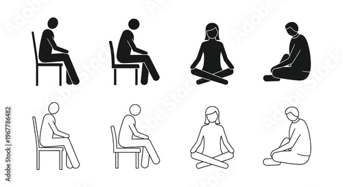 Simple black and white icons depicting people in various seated positions