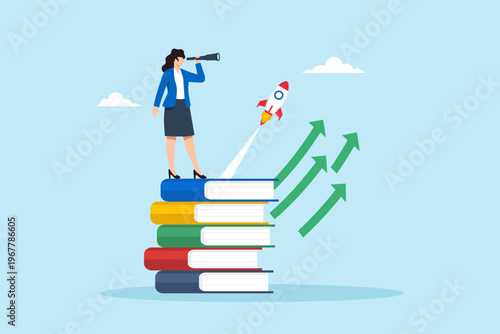 Flat illustration of businesswoman standing on tall stack of books using telescope watching rocket launch symbolizing startup business growth and career development strategy