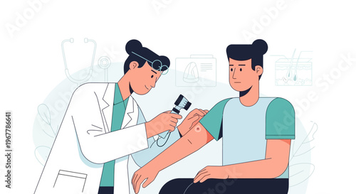 Attentive female doctor performing a detailed skin examination on a male patient's arm with a dermatoscope in a dermatology clinic.