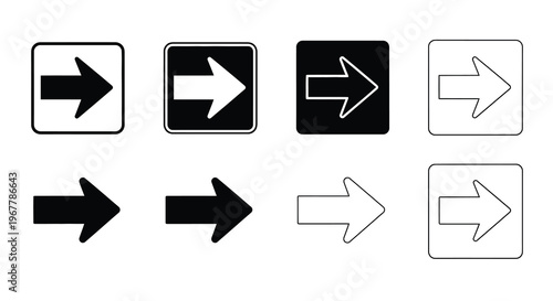Four variations of a right pointing arrow sign displayed in black and white