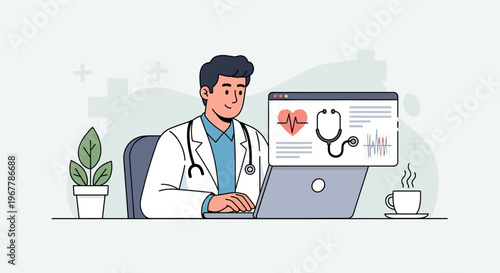 Male Doctor Working on Laptop, Analyzing Medical Data for Telemedicine Consultation in a Bright Minimalist Office Setting.