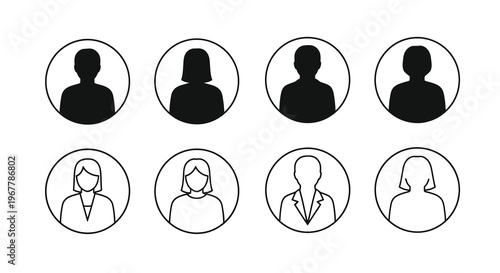 Eight circular profile icons depicting diverse individuals in black and white