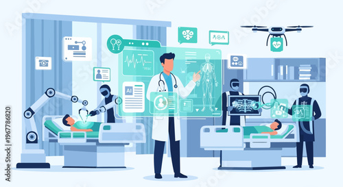 Male doctor interacting with holographic displays and medical robots in a futuristic hospital, representing advanced healthcare technology and AI integration.