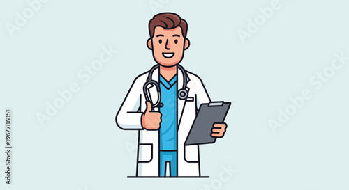 Confident young male doctor holding a clipboard and giving a thumbs up, smiling on a light grey background.
