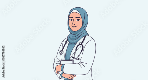 Professional and confident female doctor wearing a hijab, smiling with arms crossed, presenting a diverse healthcare expert in a bright studio.
