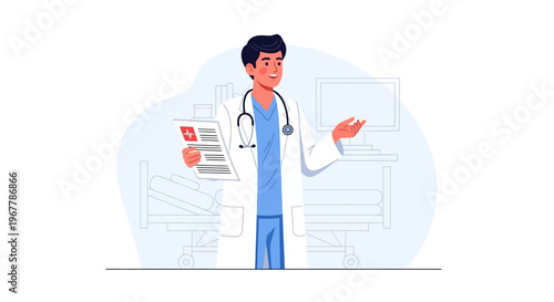 Professional male doctor standing and holding a medical report, explaining patient information in a modern hospital room.