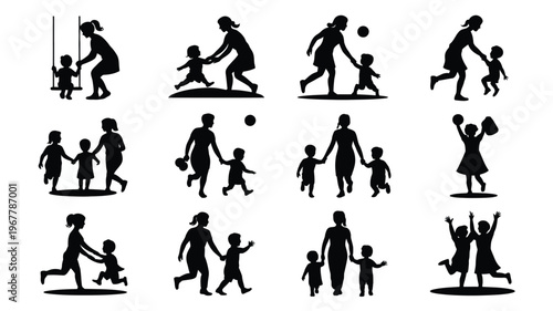 Black silhouettes of adults and children playing together family fun and activities