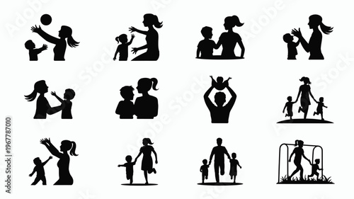 Black silhouette icons of parents and children playing together in various fun activities