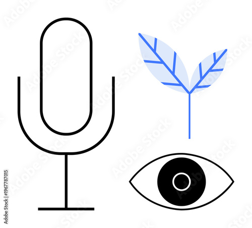 Communication, creative expression, nature conservation, vision, eco-lifestyle, sustainability. A microphone, an eye and a leaf with simple modern design. Communication and creative expression