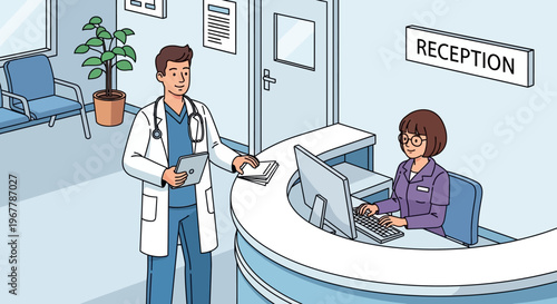 Professional female receptionist working on a computer at a hospital reception desk, with a doctor in the background, in a clinic lobby.