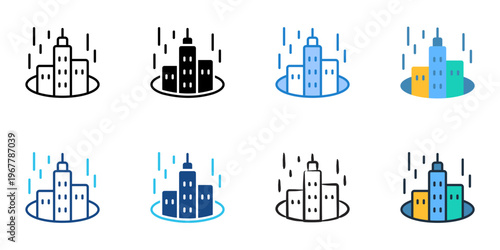 Virtual city icons set multiple style collection. Editable stroke 
